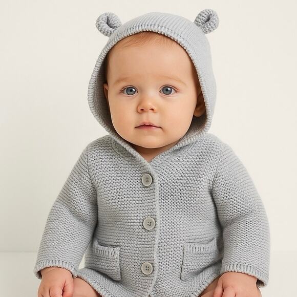 GAP Baby Knit Hooded Cardigan Sweater Bear Ears Gray 3–6 Months 100% Cotton - Picture 1 of 7